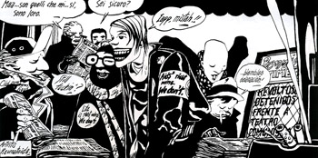 Una classica affollata vignetta di Alack Sinner in 