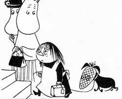 Micabella e Pustola seguiti dallo sguardo perplesso di papà e mamma Moomin Micabella e Pustola seguiti dallo sguardo perplesso di papà e mamma Moomin